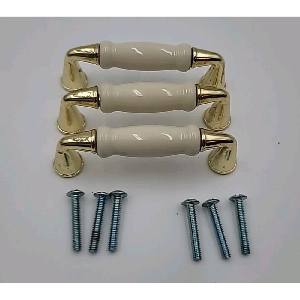 VTG 3pc Brass‎ Beige Ceramic Cabinet Handles Drawer Pulls 3"on Center Gold